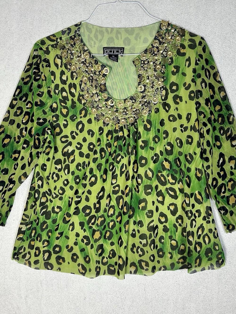 Berek  y2k Neon Green Leopard Print Mesh Top Gold bedazzle Mc Bling dapamine  1x